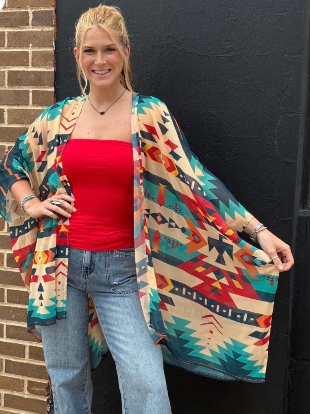 Vibrant Aztec Print Kimono - Teal, Red, Beige